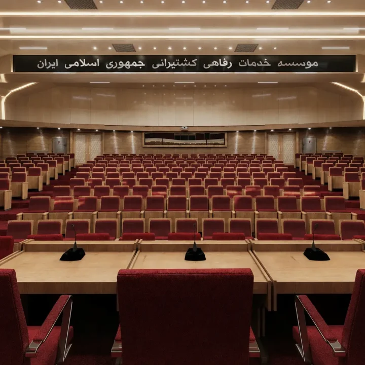 طراحی داخلی سالن همایش با چیدمان صندلی‌های ردیفی، نورپردازی متمرکز روی سن و سیستم صوتی حرفه‌ای