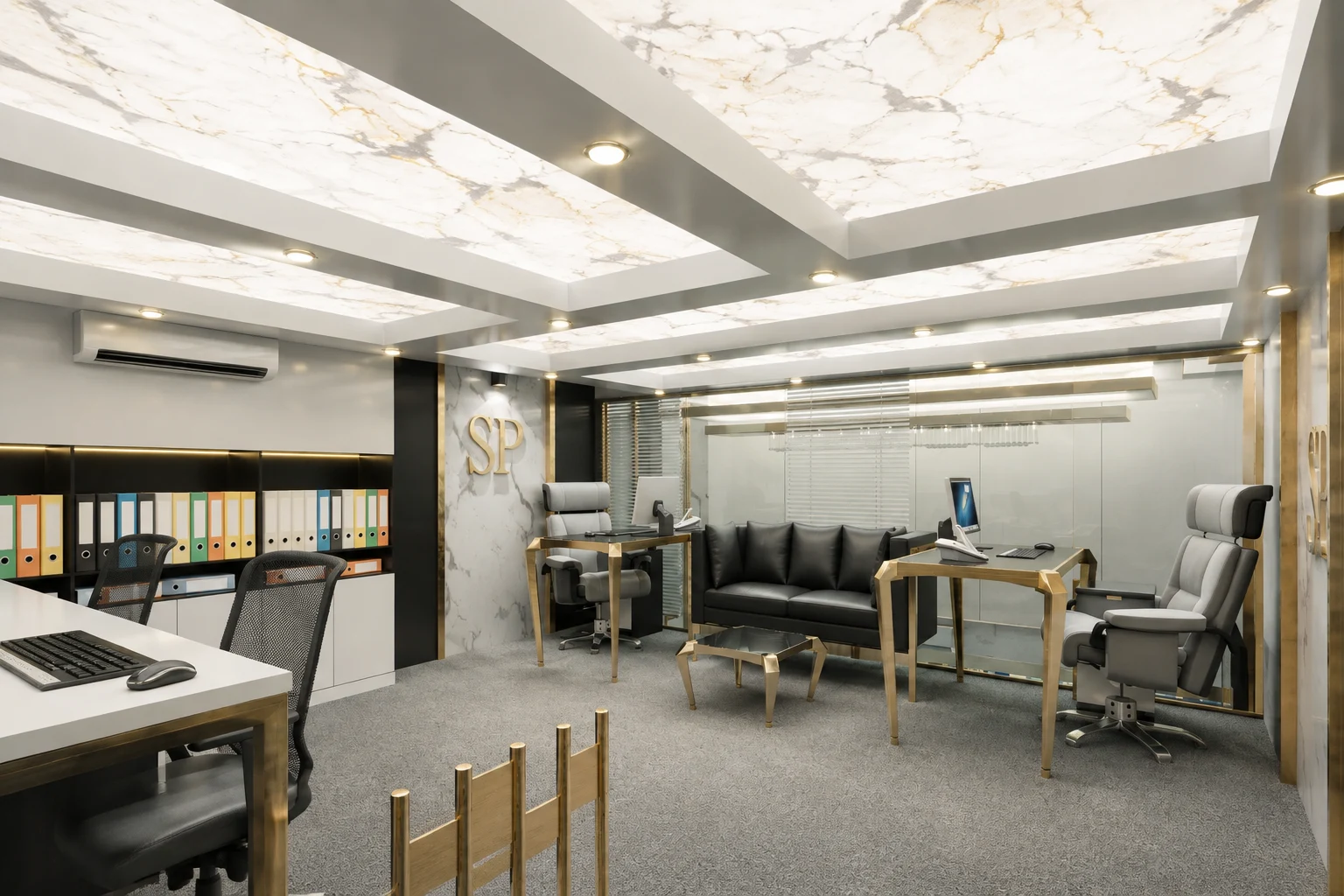 ضای دفتر کار با معماری مدرن، شیشههای بزرگ و نور طبیعی فراوان