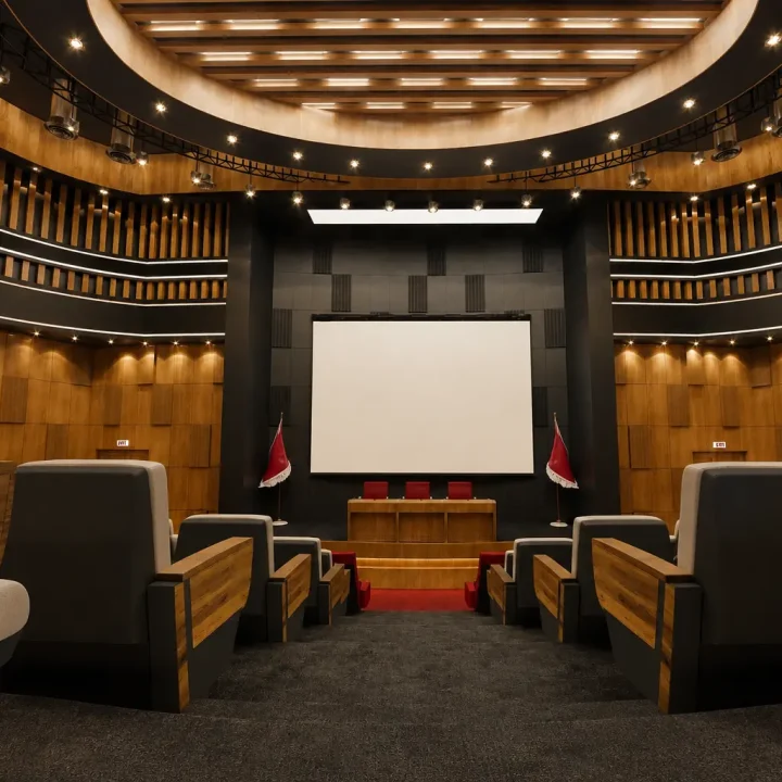 Photorealistic architectural interior of a conference hall, featuring high-quality PBR materials, natural lighting, and fine details, creating an immersive atmosphere