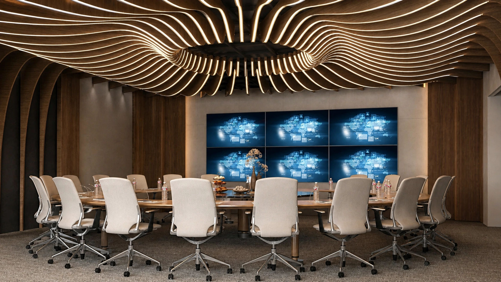 فضای داخلی سالن همایش با سقف چوبی پارامتریک و طراحی معماری معاصر